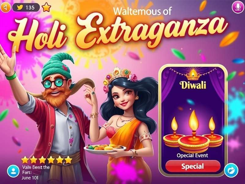 Holi Extravaganza special event screen showing Diwali decorations