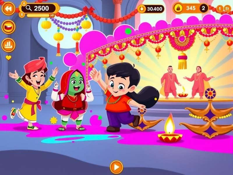Holi Extravaganza game screenshot showing colorful characters celebrating Holi